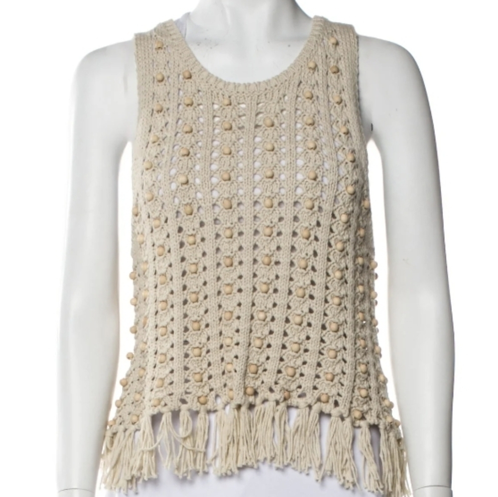 House of Harlow 1960 Scoop Neck Sleeveless Shell Knit Fringe Top